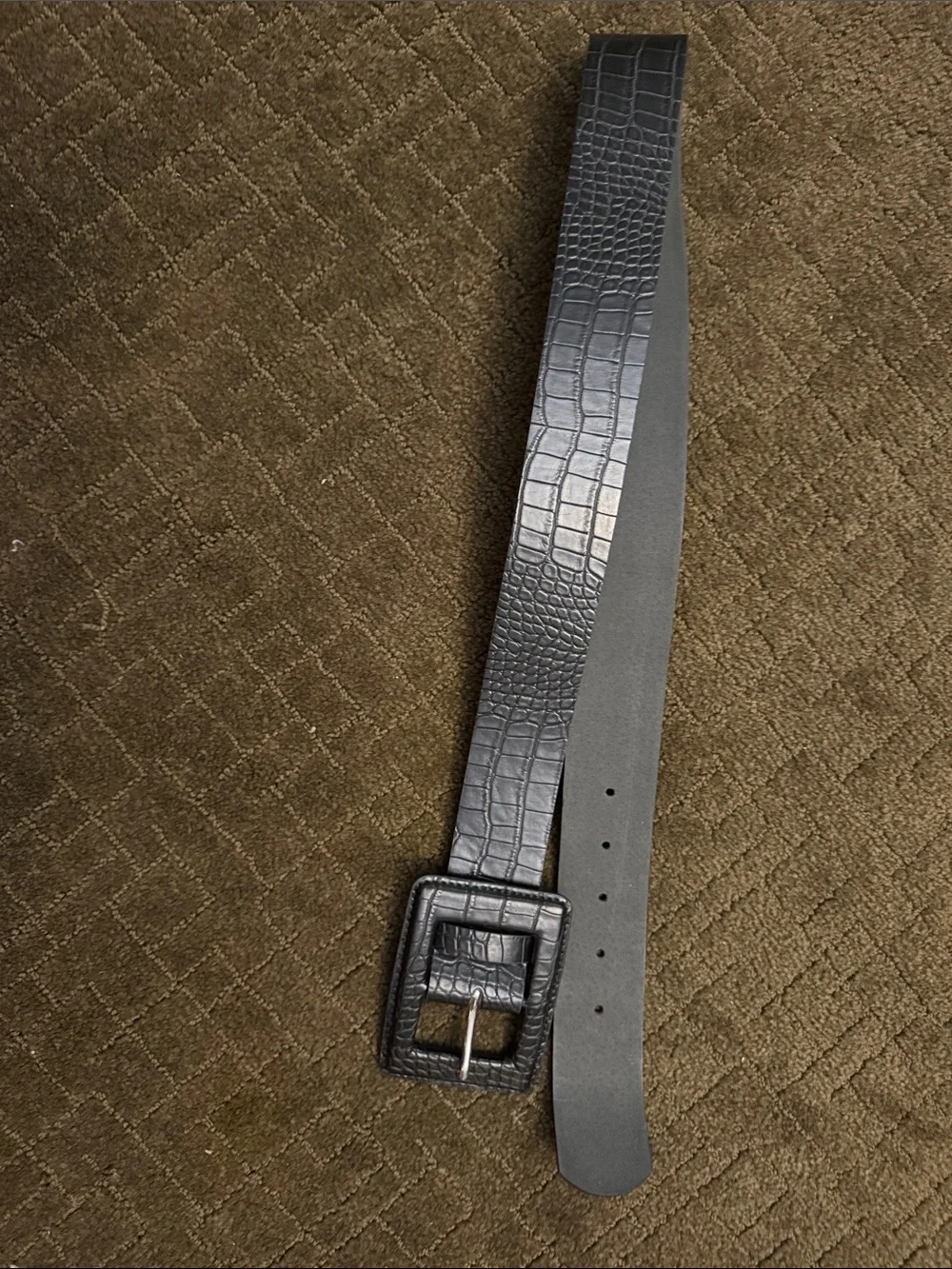 Black Croc-Embossed Leather Belt with Square Buckle - Men